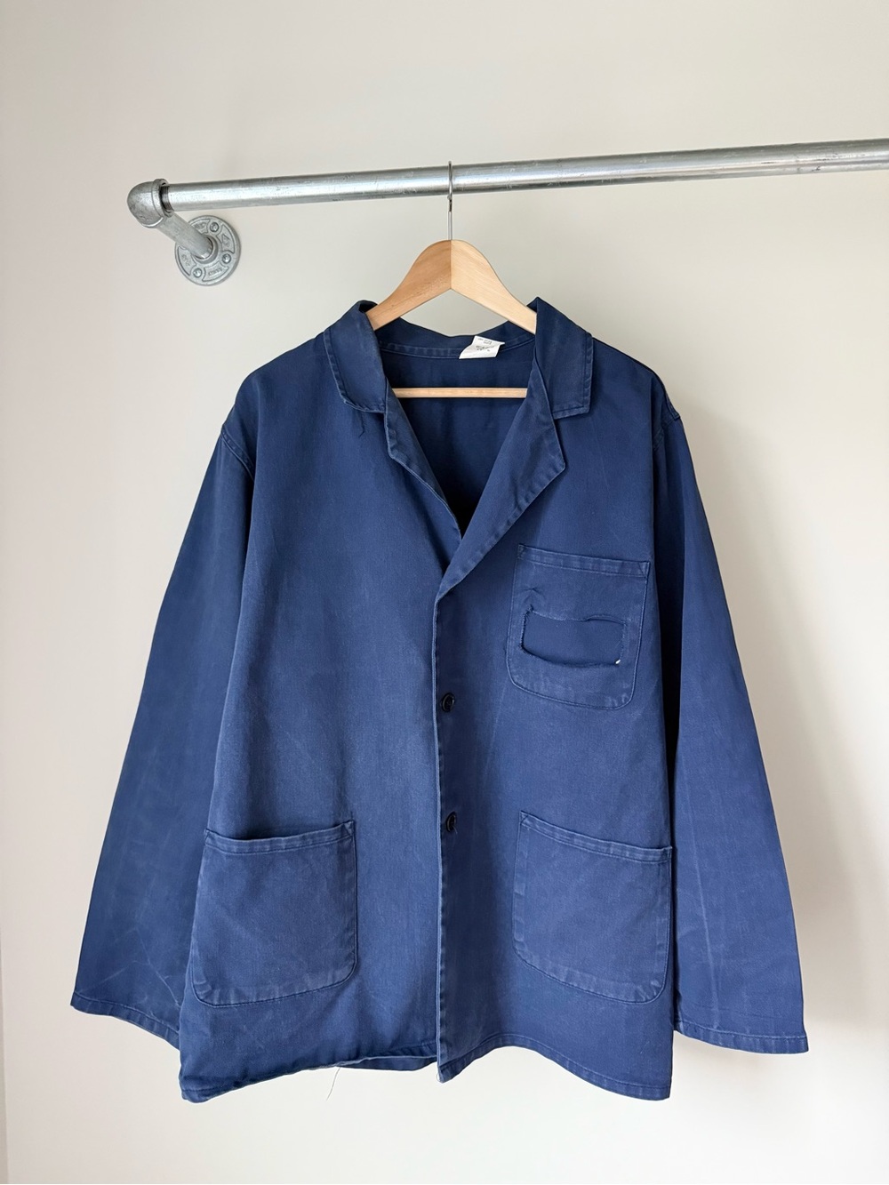 Vintage 70s 80s Faded Navy Blue Open Collar French Chore Jacket